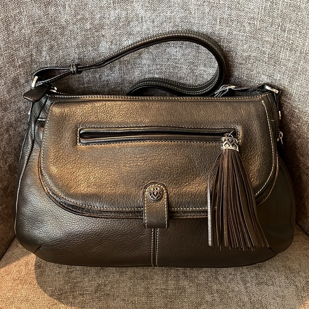 Brighton Dark Metallic Mink Brown Leather Expandable Hobo Shoulder Bag